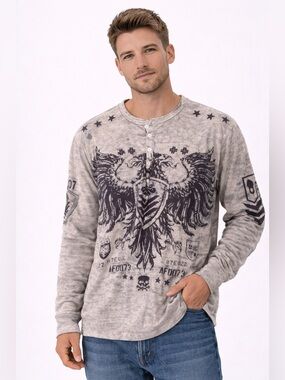 Men's Grey Graphic Long-Sleeve Henley Shirt